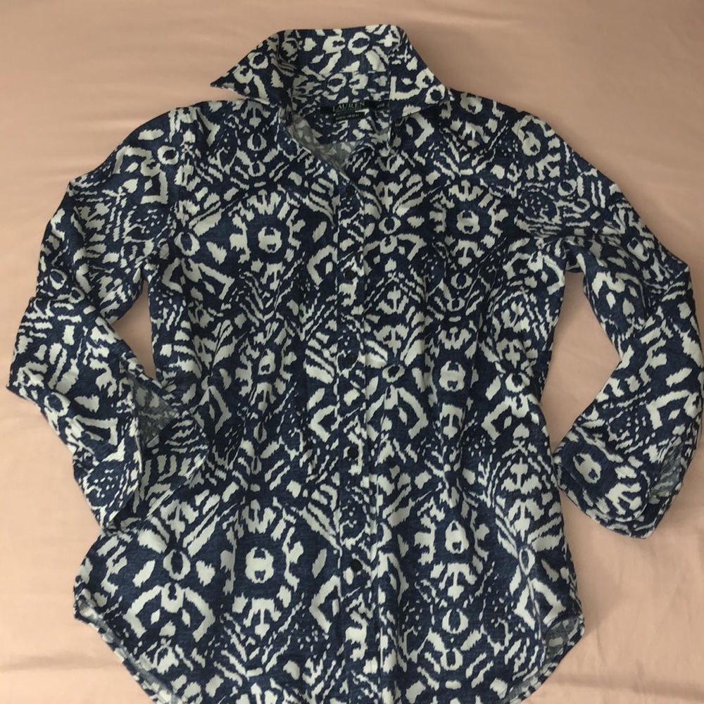Lauren Ralph Lauren No-Iron Button Down Blouse Blue Ikat Print Sz XXS - Picture 8 of 13